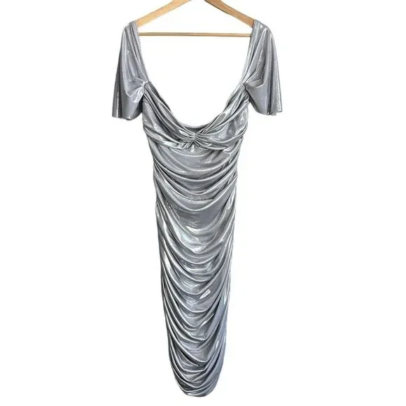 Norma Kamali Dress Womens Large Walter Lamé Gunmetal Silver Sweetheart Neck Midi - Picture 2 of 8